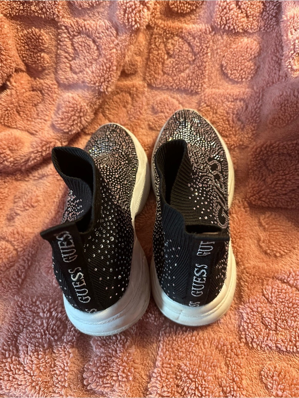 GUESS Black Slip-On Rhinestone Knit Sneakers with White Sole